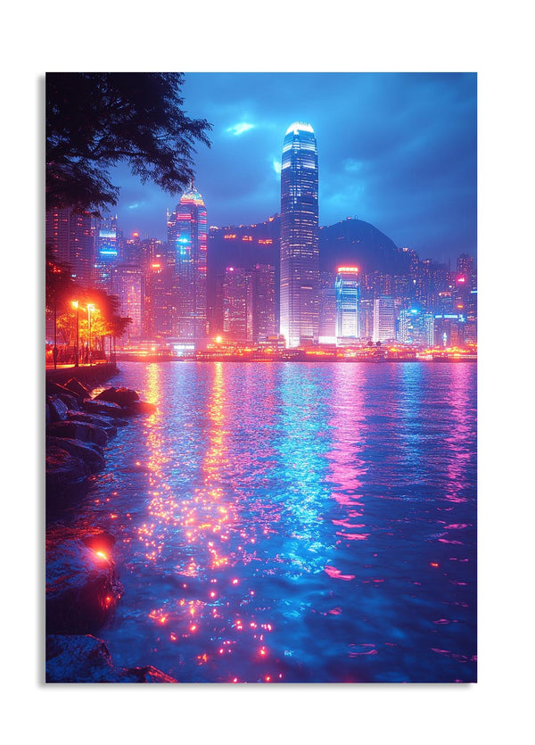 City skyline at night with illuminated buildings reflected in water, as a premium aluminum metal print from GoMetalPrint.
