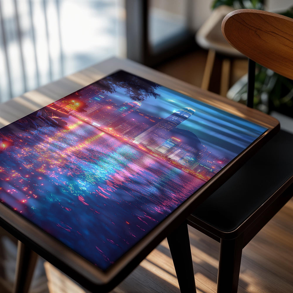 City skyline at night with illuminated buildings reflected in water, as a premium aluminum metal print from GoMetalPrint.
