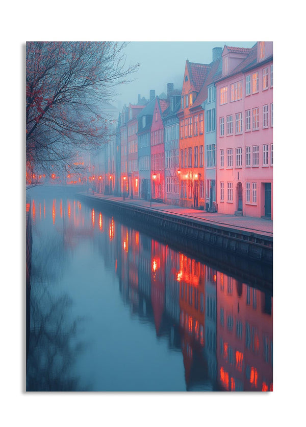 City street with colorful buildings reflected in a canal at dusk, as a premium aluminum metal print from GoMetalPrint.
