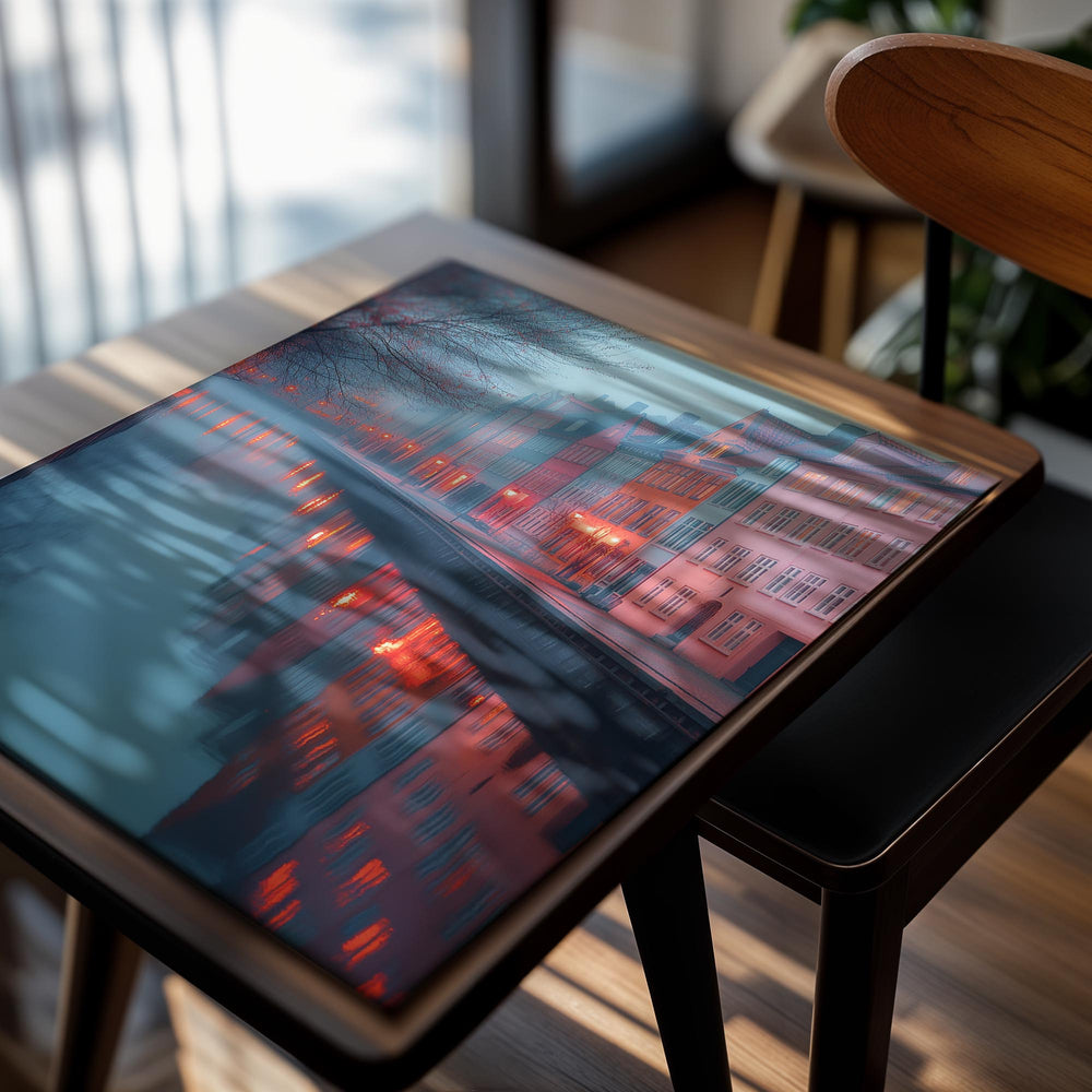 City street with colorful buildings reflected in a canal at dusk, as a premium aluminum metal print from GoMetalPrint.

