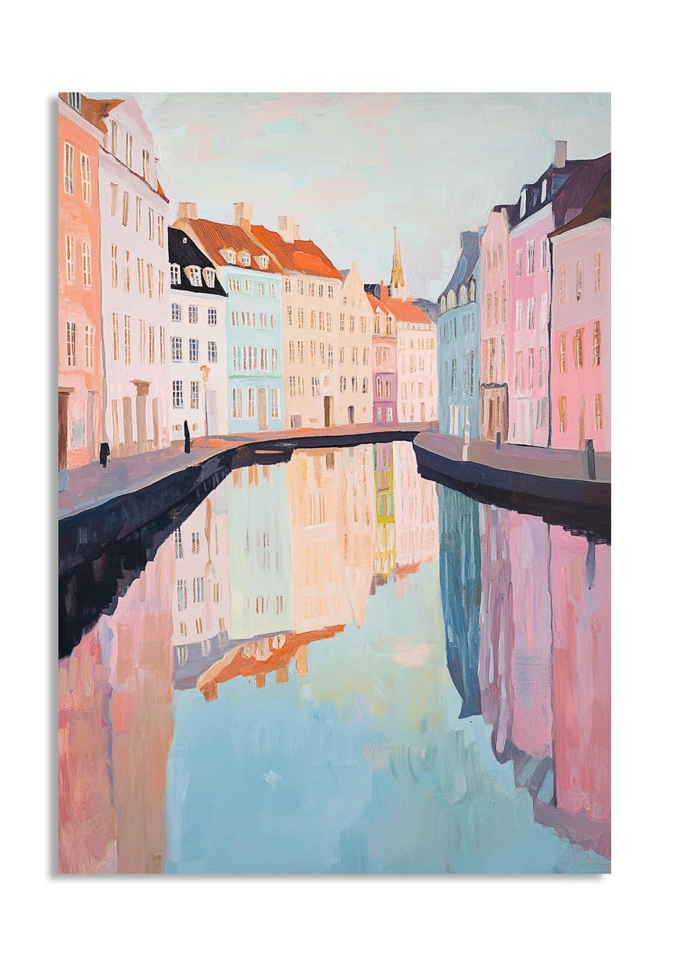Painting of a canal scene with colorful buildings, as a premium aluminum metal print from GoMetalPrint.
