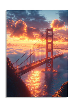 Golden Gate Bridge at sunset with vibrant colors and reflection in water, as a premium aluminum metal print from GoMetalPrint.
