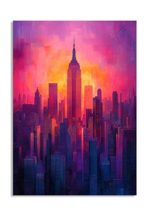 Colorful cityscape painting with a prominent building against a vibrant background, as a premium aluminum metal print from GoMetalPrint.
