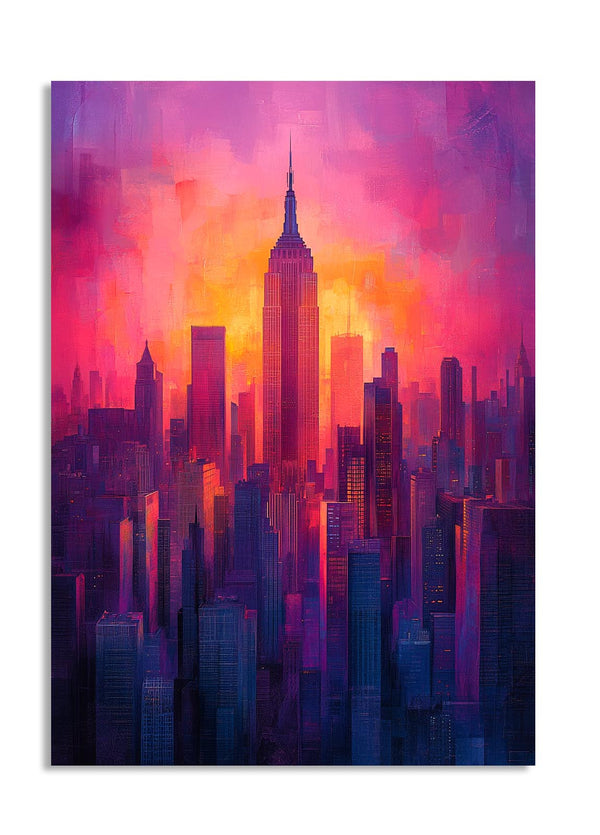 Colorful cityscape painting with a prominent building against a vibrant background, as a premium aluminum metal print from GoMetalPrint.
