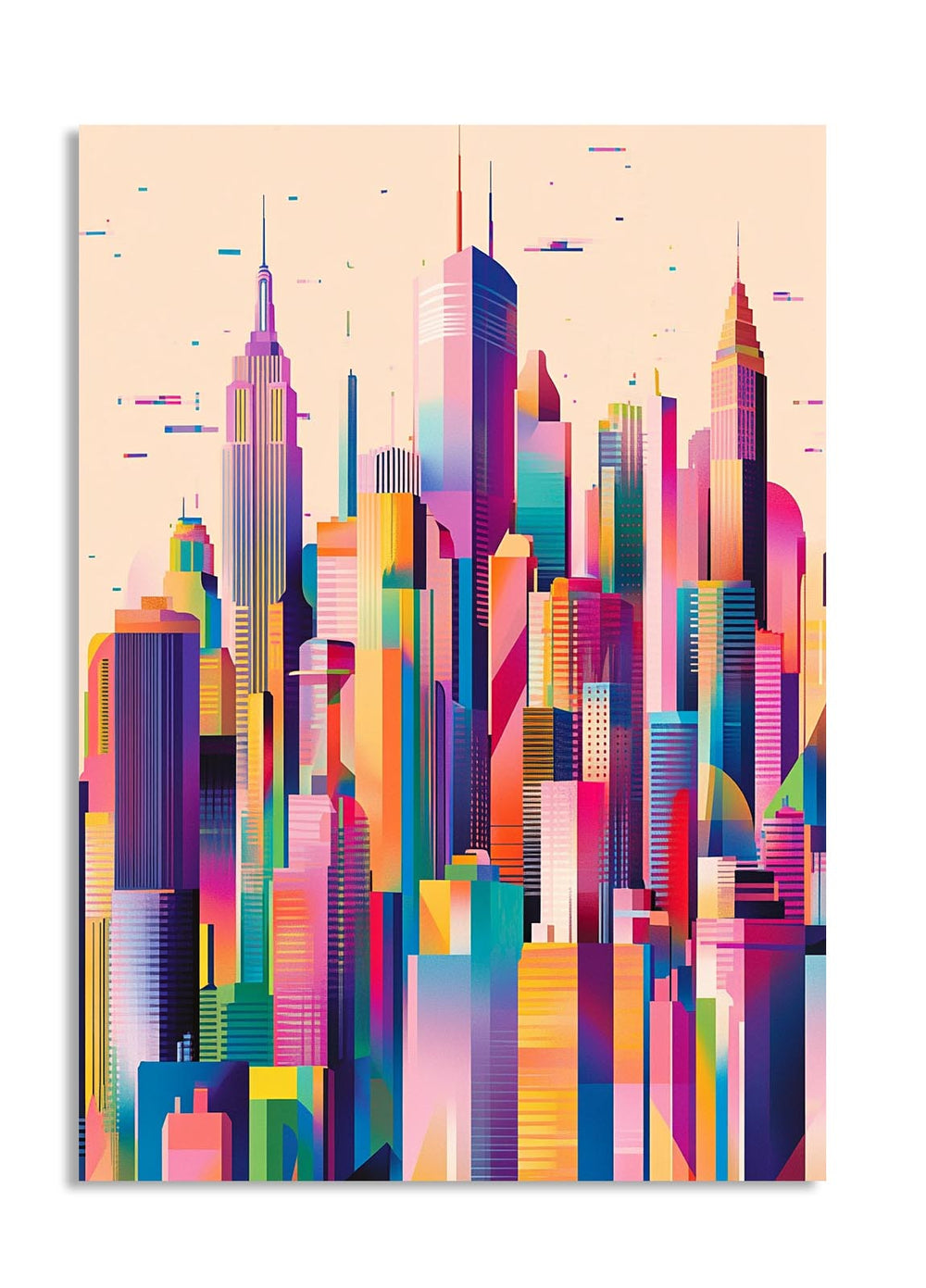 Colorful cityscape illustration on a beige background, as a premium aluminum metal print from GoMetalPrint.

