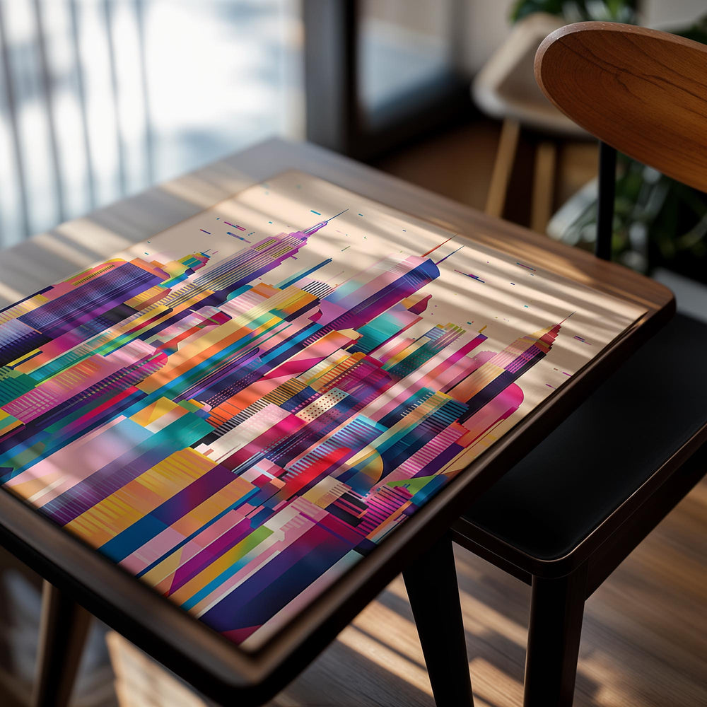 Colorful cityscape illustration on a beige background, as a premium aluminum metal print from GoMetalPrint.
