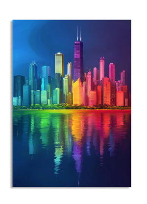Colorful city skyline reflected in water with a white border, as a premium aluminum metal print from GoMetalPrint.
