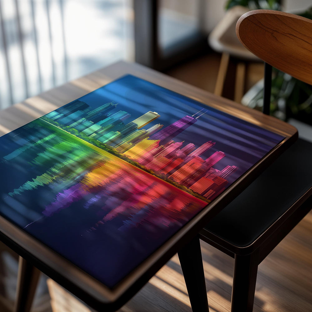 Colorful city skyline reflected in water with a white border, as a premium aluminum metal print from GoMetalPrint.
