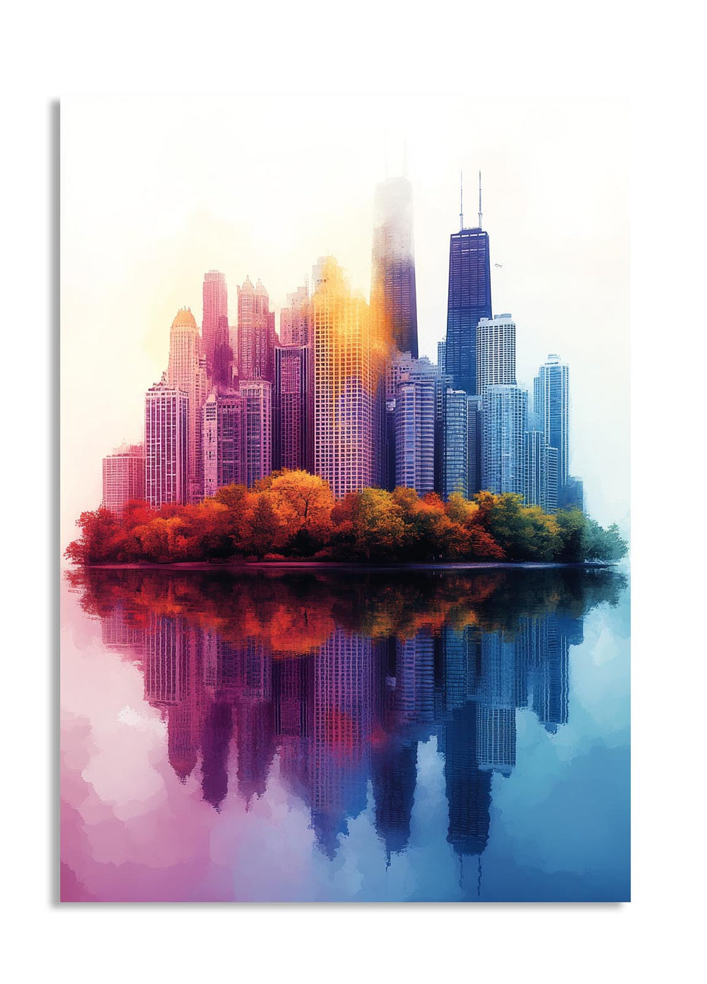 Colorful city skyline with trees and reflection on water, as a premium aluminum metal print from GoMetalPrint.
