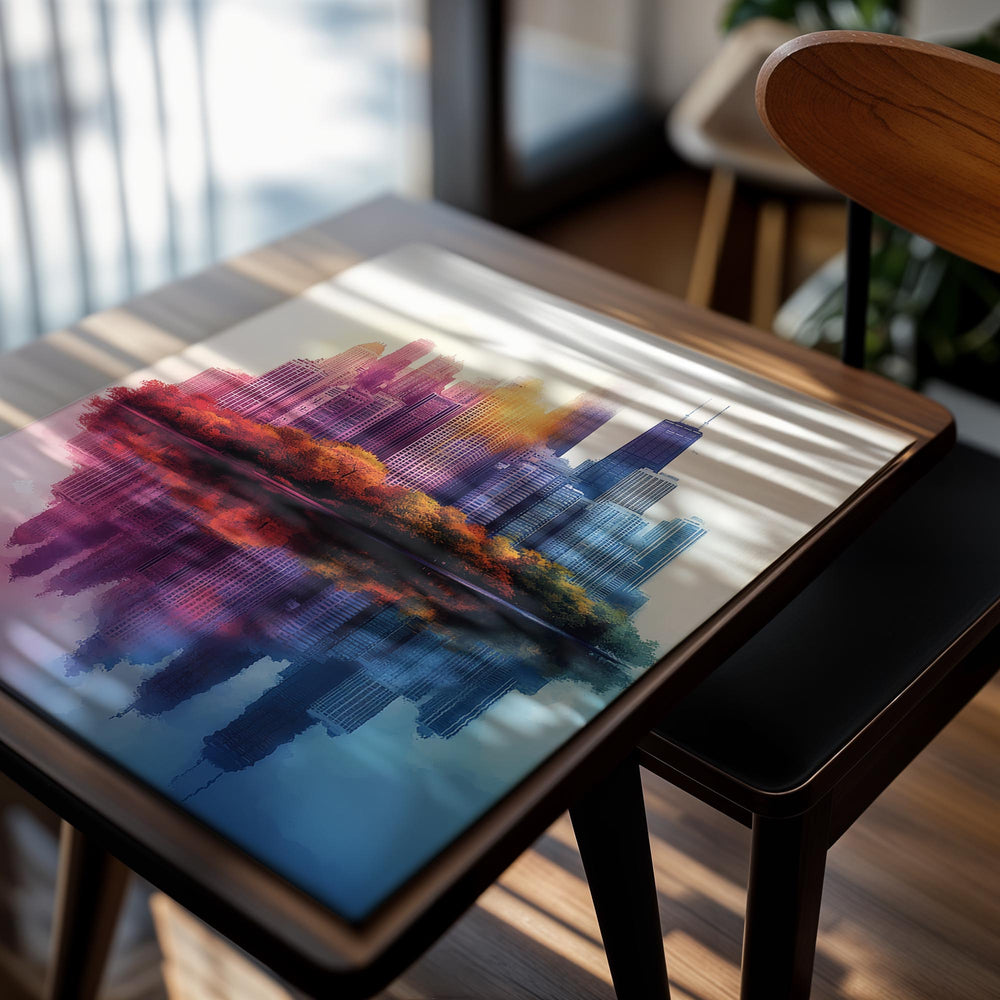 Colorful city skyline with trees and reflection on water, as a premium aluminum metal print from GoMetalPrint.
