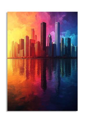Colorful city skyline reflected in water with a vibrant gradient sky, as a premium aluminum metal print from GoMetalPrint.
