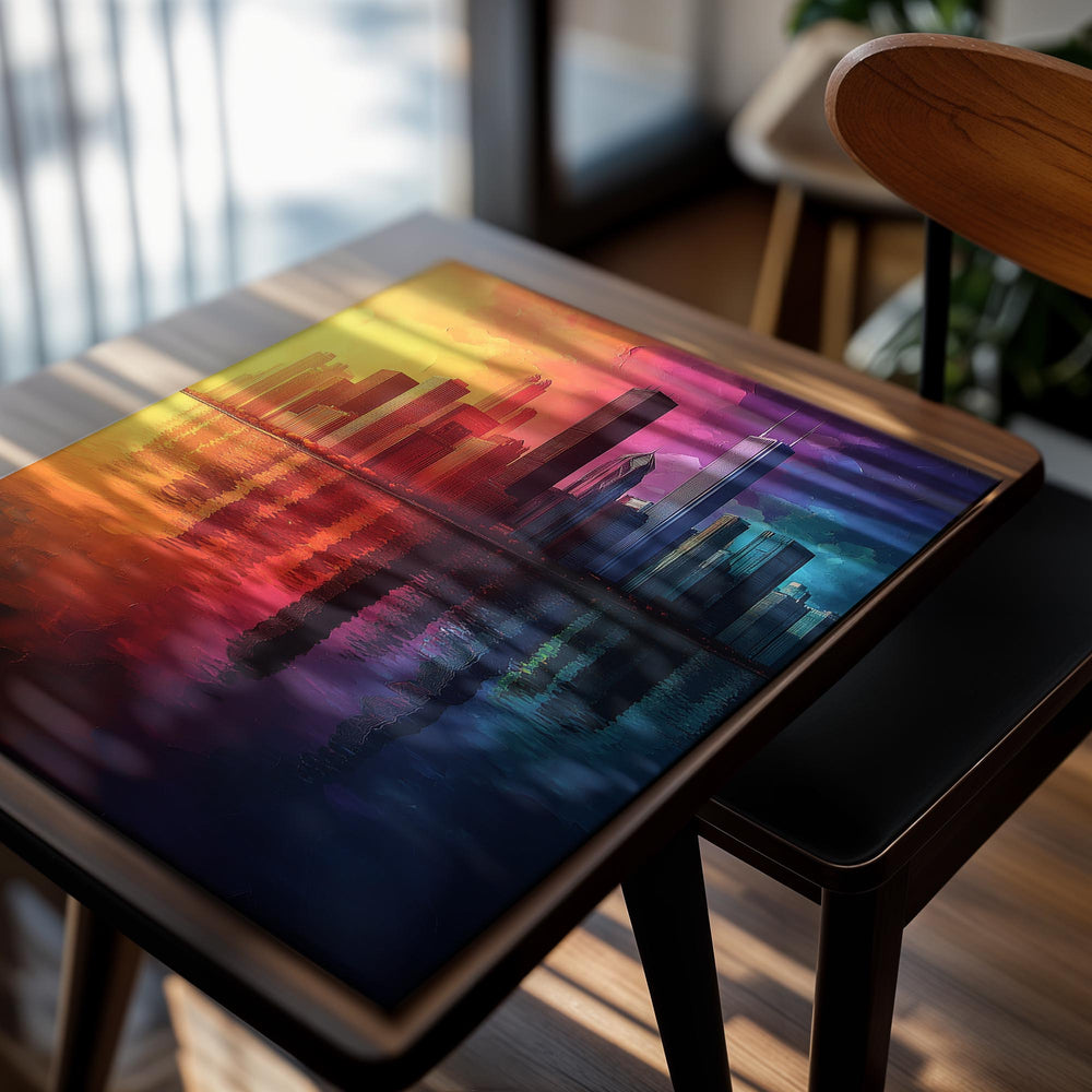 Colorful city skyline reflected in water with a vibrant gradient sky, as a premium aluminum metal print from GoMetalPrint.
