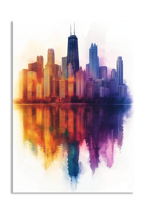 Colorful city skyline reflection on water with a white border, as a premium aluminum metal print from GoMetalPrint.
