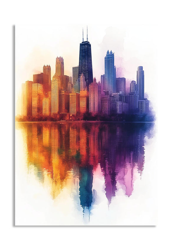Colorful city skyline reflection on water with a white border, as a premium aluminum metal print from GoMetalPrint.
