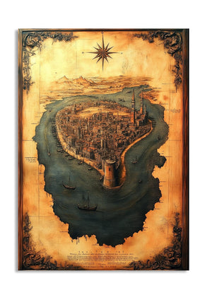 Vintage-style map of a fortified island with a compass rose on a white background , as a premium aluminum metal print from GoMetalPrint.
