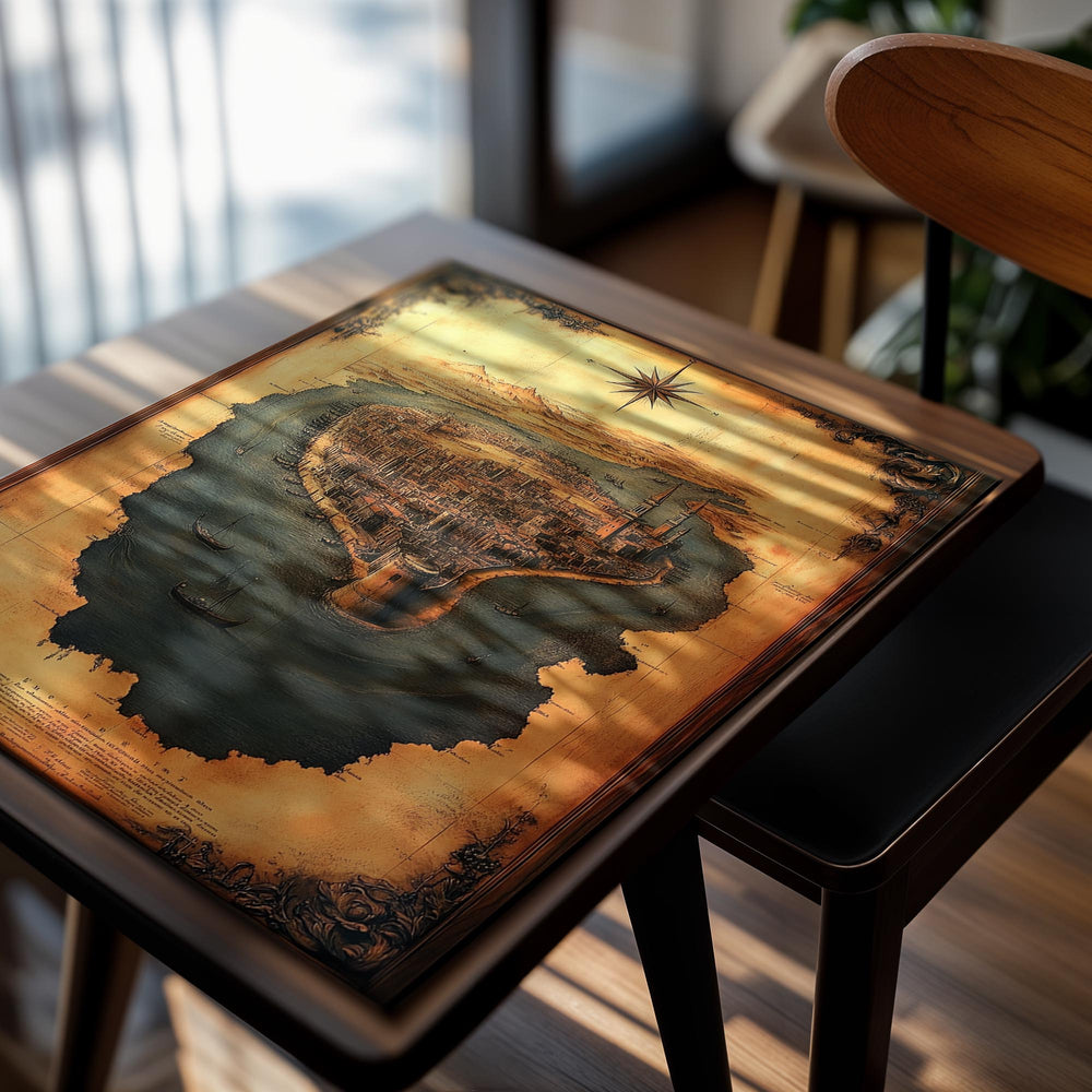 Vintage-style map of a fortified island with a compass rose on a white background , as a premium aluminum metal print from GoMetalPrint.
