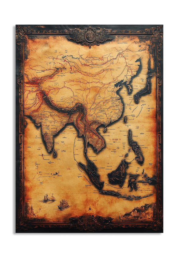 Vintage-style world map with a decorative frame on a white background, as a premium aluminum metal print from GoMetalPrint.
