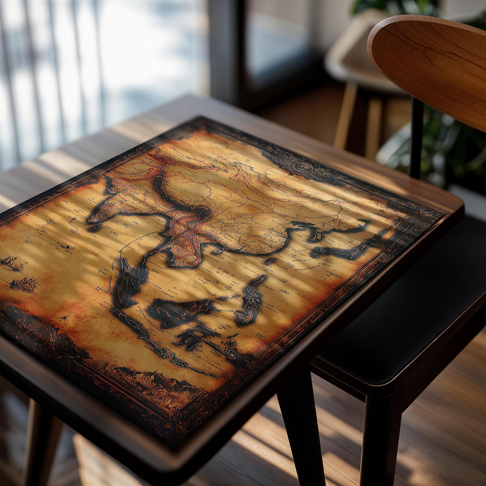 Vintage-style world map with a decorative frame on a white background, as a premium aluminum metal print from GoMetalPrint.
