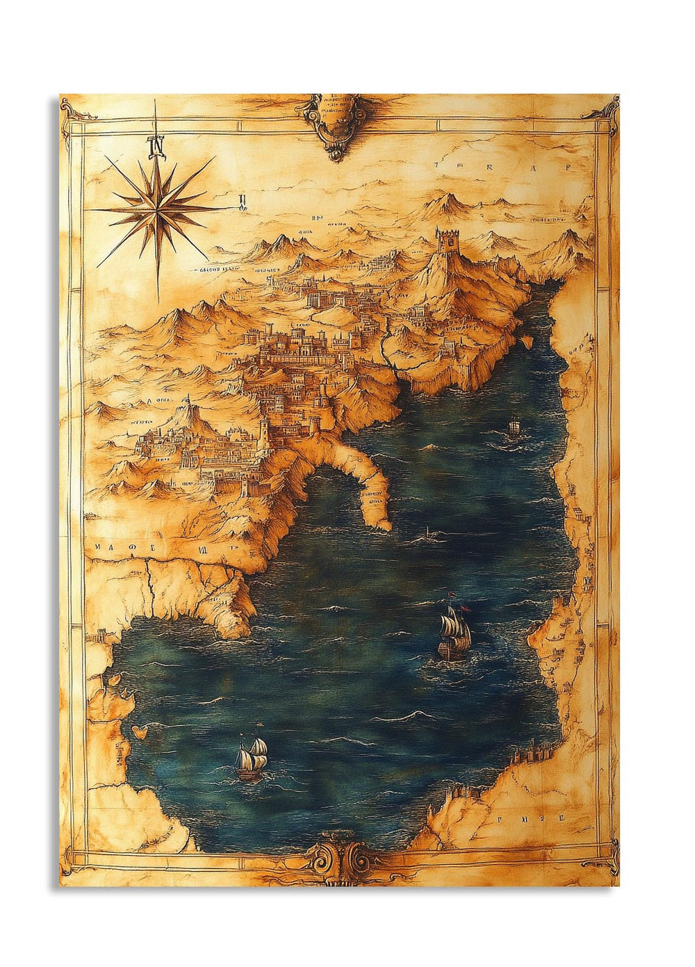 Vintage-style map with a compass rose on a white background, as a premium aluminum metal print from GoMetalPrint.
