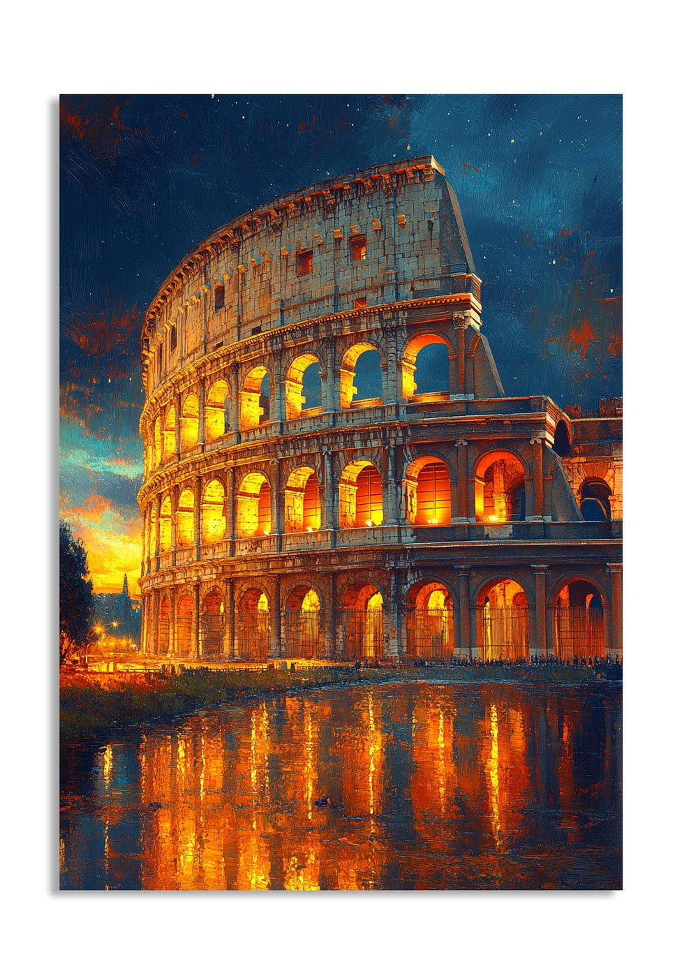 The Colosseum in Rome at night with a reflective water surface and colorful sky, as a premium aluminum metal print from GoMetalPrint.
