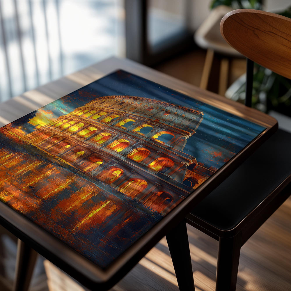 The Colosseum in Rome at night with a reflective water surface and colorful sky, as a premium aluminum metal print from GoMetalPrint.
