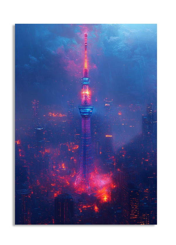 Tall tower with colorful lights against a dark sky, as a premium aluminum metal print from GoMetalPrint.
