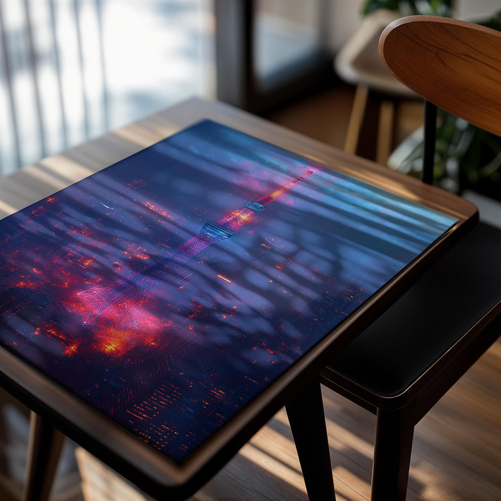 Tall tower with colorful lights against a dark sky, as a premium aluminum metal print from GoMetalPrint.
