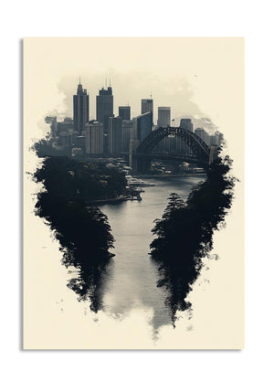 City skyline with a bridge reflected in water on a beige background, as a premium aluminum metal print from GoMetalPrint.
