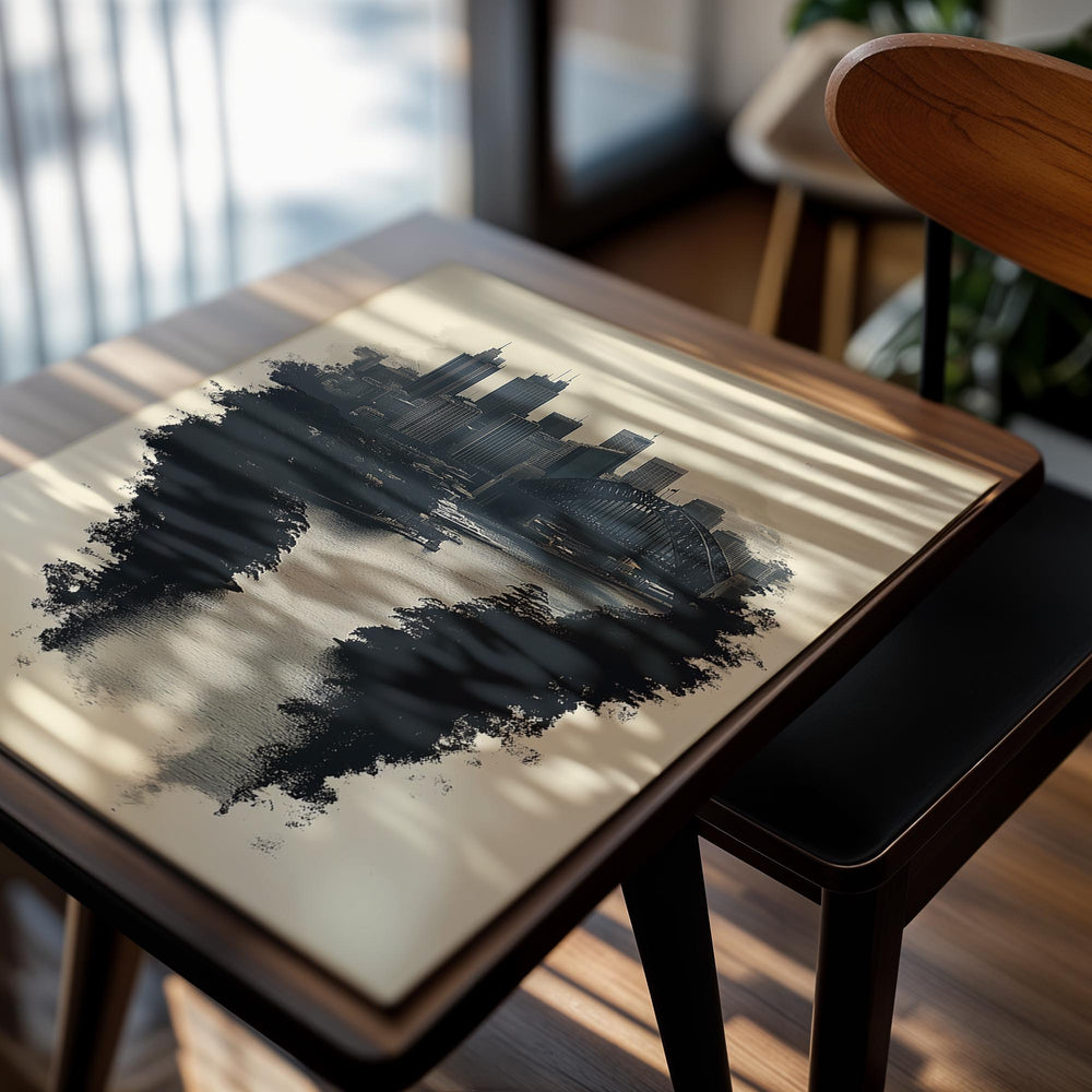 City skyline with a bridge reflected in water on a beige background, as a premium aluminum metal print from GoMetalPrint.
