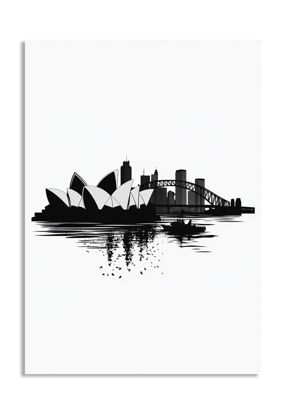 Black and white silhouette of a city skyline with a prominent opera house and bridge on a white background, as a premium aluminum metal print from GoMetalPrint.
