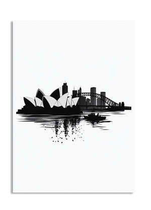 Black and white silhouette of a city skyline with a prominent opera house and bridge on a white background, as a premium aluminum metal print from GoMetalPrint.
