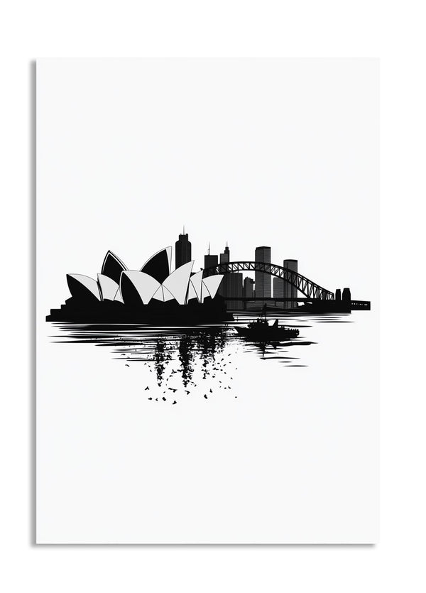 Black and white silhouette of a city skyline with a prominent opera house and bridge on a white background, as a premium aluminum metal print from GoMetalPrint.
