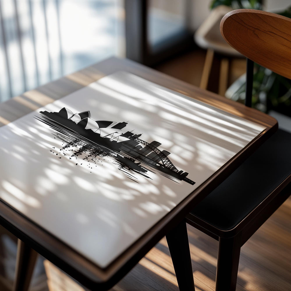 Black and white silhouette of a city skyline with a prominent opera house and bridge on a white background, as a premium aluminum metal print from GoMetalPrint.
