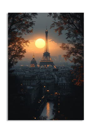 Eiffel Tower at sunset with trees framing the view, as a premium aluminum metal print from GoMetalPrint.
