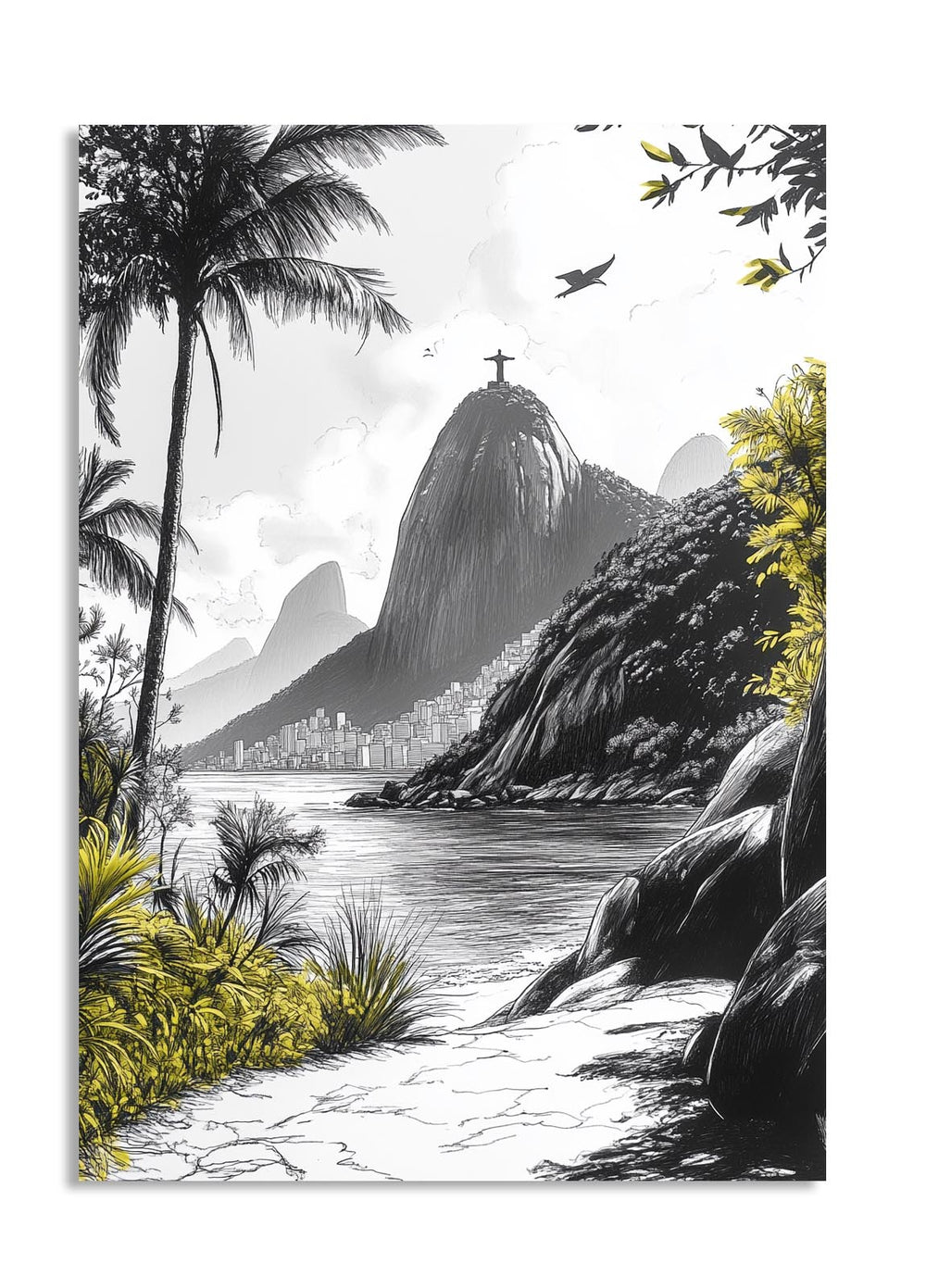 Illustration of a tropical landscape with mountains, palm trees, and a body of water, as a premium aluminum metal print from GoMetalPrint.
