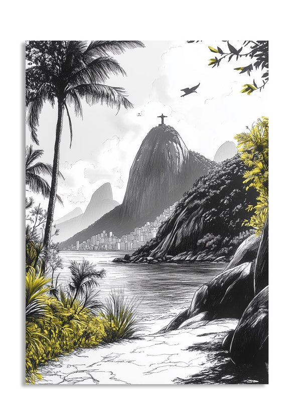 Illustration of a tropical landscape with mountains, palm trees, and a body of water, as a premium aluminum metal print from GoMetalPrint.
