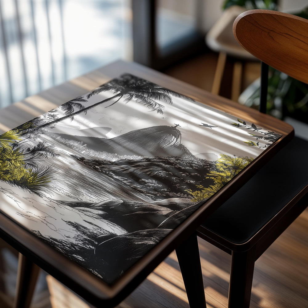 Illustration of a tropical landscape with mountains, palm trees, and a body of water, as a premium aluminum metal print from GoMetalPrint.
