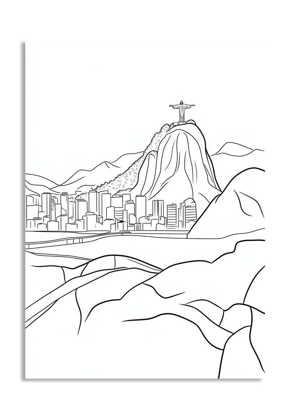 Line art of a cityscape with a mountain and a statue on top, resembling Rio de Janeiro, as a premium aluminum metal print from GoMetalPrint.

