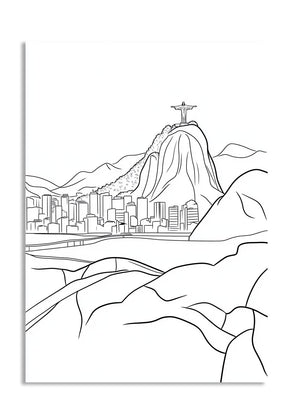 Line art of a cityscape with a mountain and a statue on top, resembling Rio de Janeiro, as a premium aluminum metal print from GoMetalPrint.
