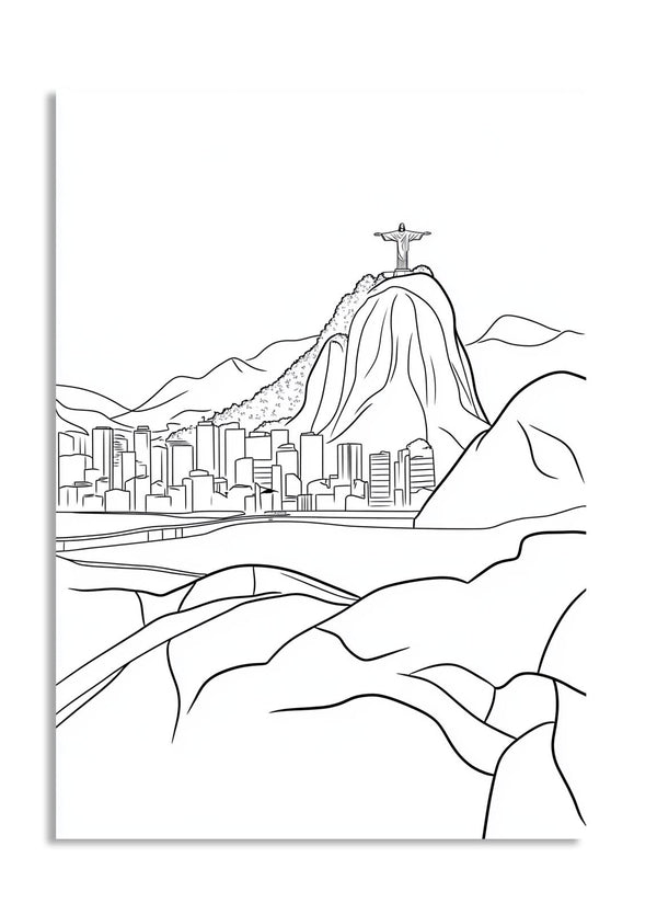 Line art of a cityscape with a mountain and a statue on top, resembling Rio de Janeiro, as a premium aluminum metal print from GoMetalPrint.
