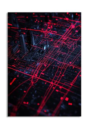 Red circuit board design on a black background, as a premium aluminum metal print from GoMetalPrint.
