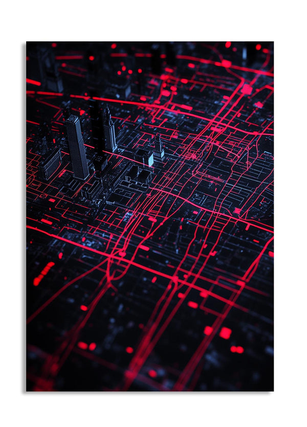 Red circuit board design on a black background, as a premium aluminum metal print from GoMetalPrint.
