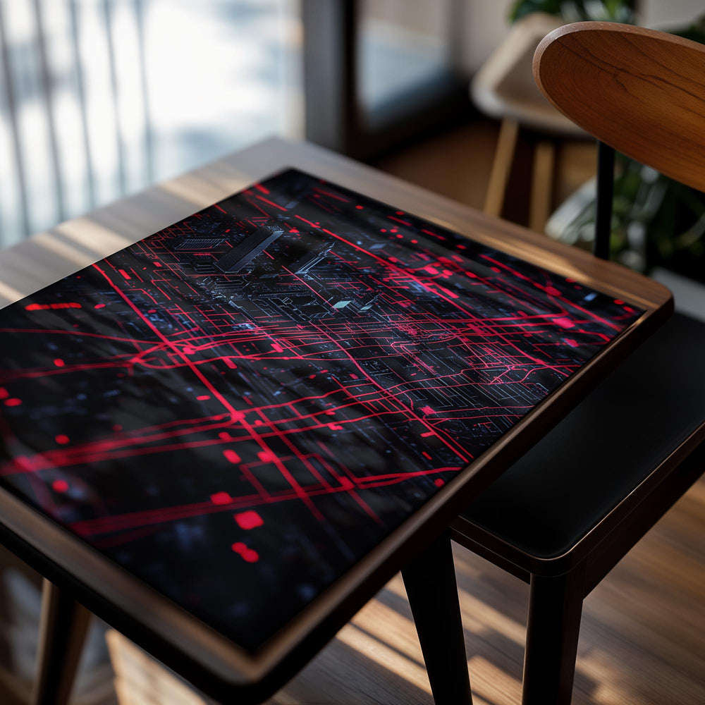 Red circuit board design on a black background, as a premium aluminum metal print from GoMetalPrint.
