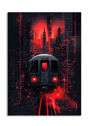 Digital art of a subway train with a red and black cityscape background, as a premium aluminum metal print from GoMetalPrint.
