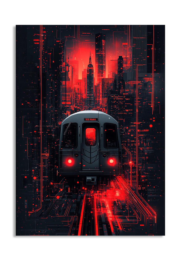Digital art of a subway train with a red and black cityscape background, as a premium aluminum metal print from GoMetalPrint.
