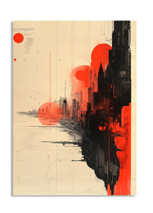 Abstract art print with black and red cityscape on a beige background, as a premium aluminum metal print from GoMetalPrint.
