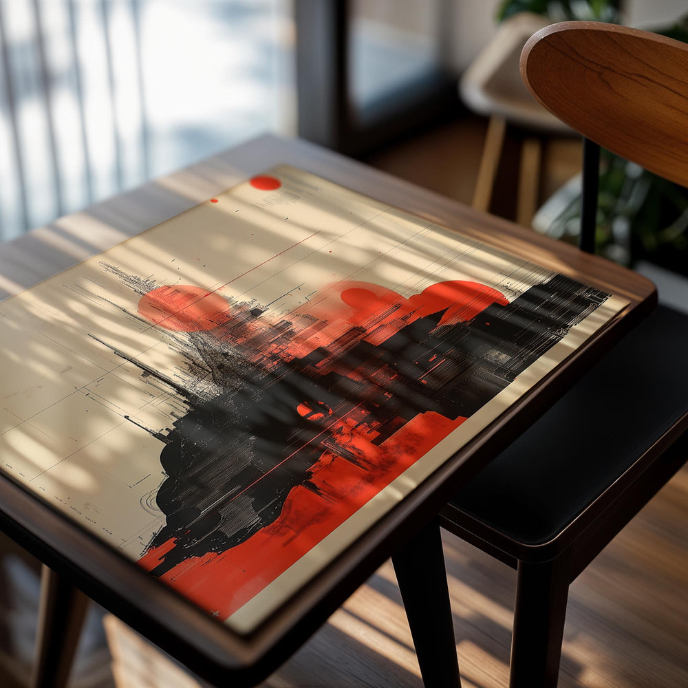 Abstract art print with black and red cityscape on a beige background, as a premium aluminum metal print from GoMetalPrint.
