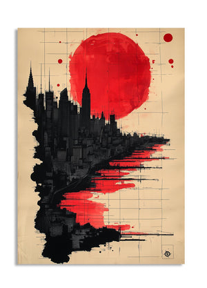 Artistic depiction of a cityscape with a large red sun on a beige background, as a premium aluminum metal print from GoMetalPrint.
