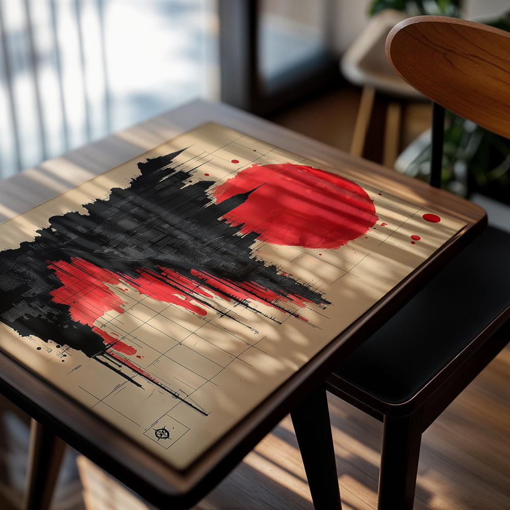 Artistic depiction of a cityscape with a large red sun on a beige background, as a premium aluminum metal print from GoMetalPrint.
