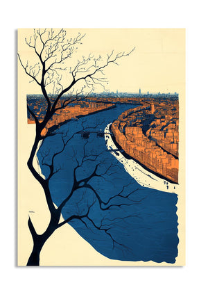 Artistic depiction of a river with a tree on the left and cityscape on the right, on a beige background, as a premium aluminum metal print from GoMetalPrint.

